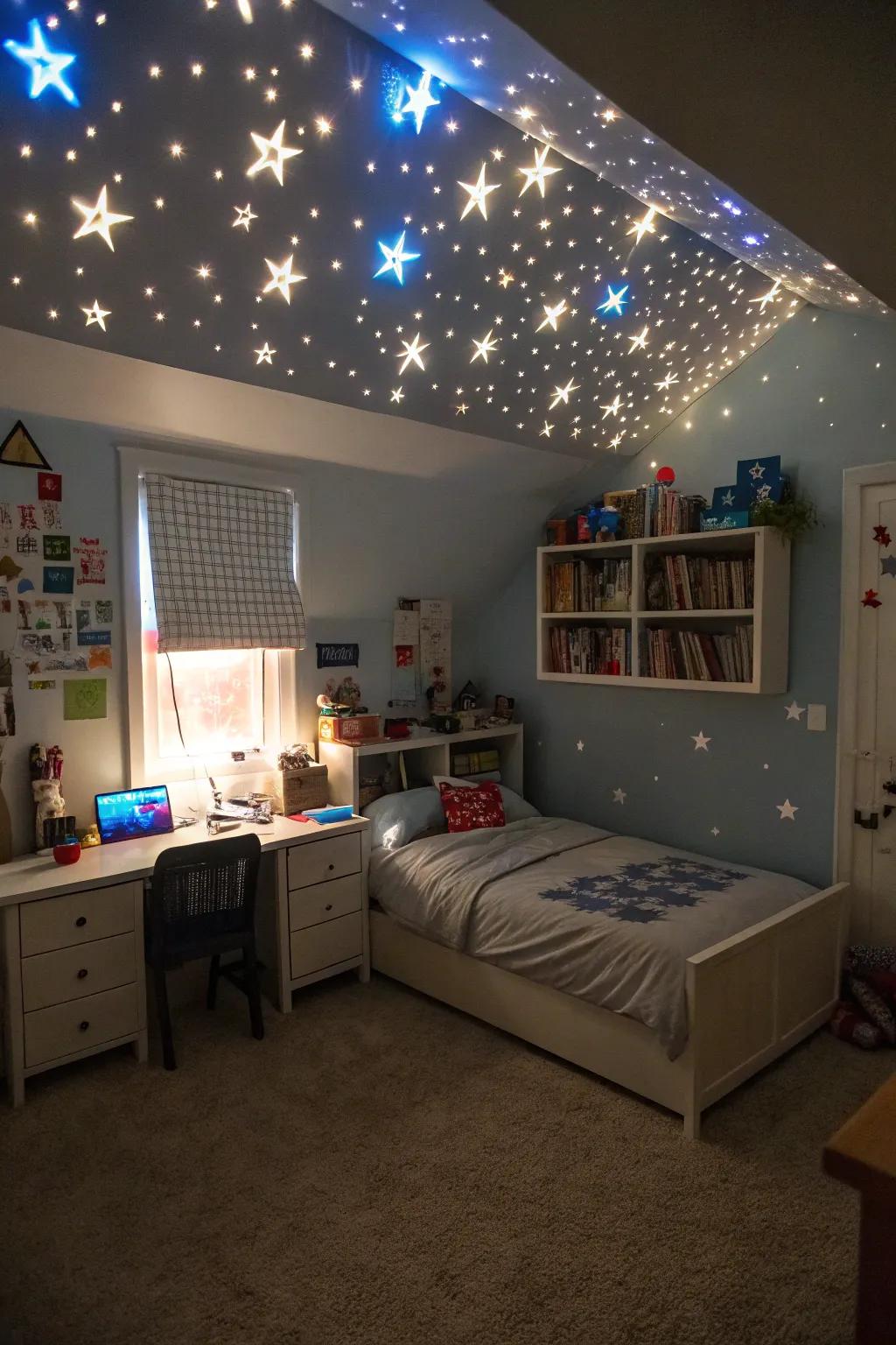 Innovative lighting adds a whimsical and enchanting touch to a boy's bedroom.