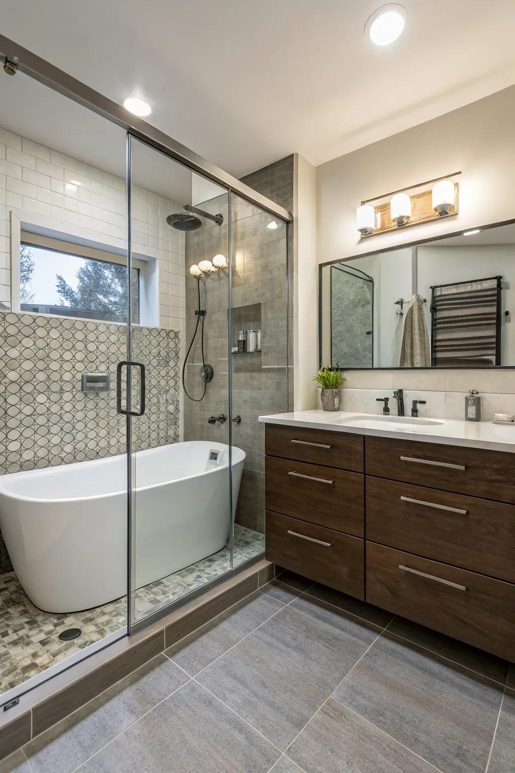 Efficient shower and tub combination providing versatile bathing choices.