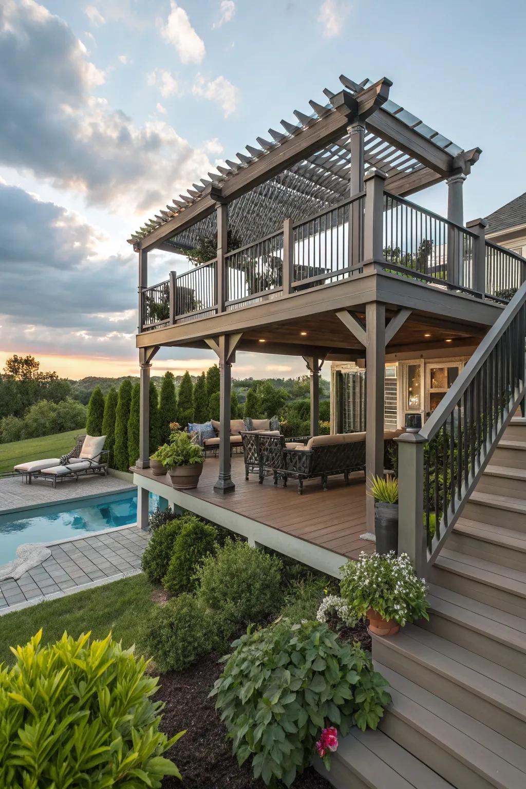 Multi-level decking with pergola enhances poolside aesthetics.