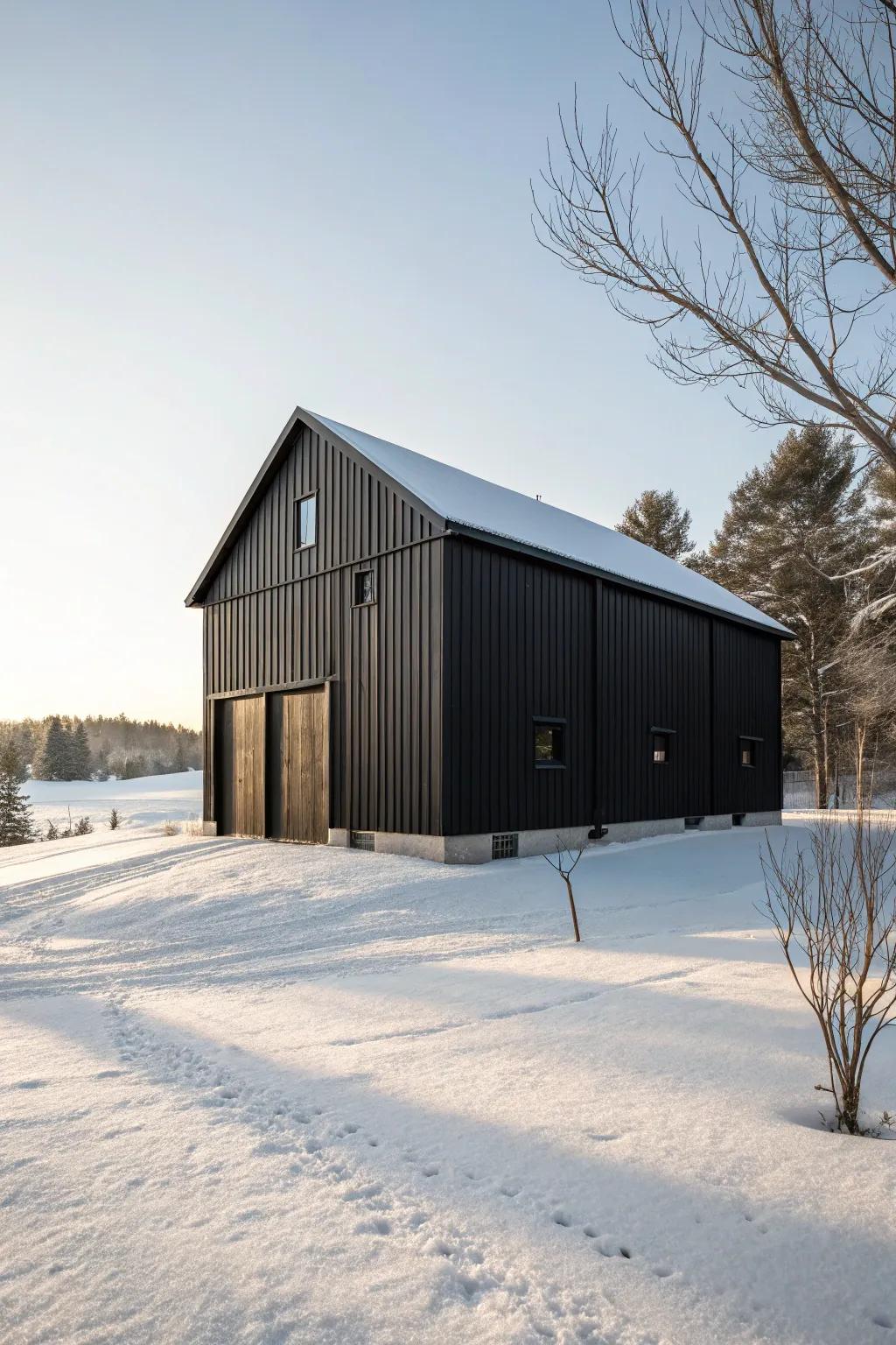 A bold black barn that stands out in a serene winter landscape.