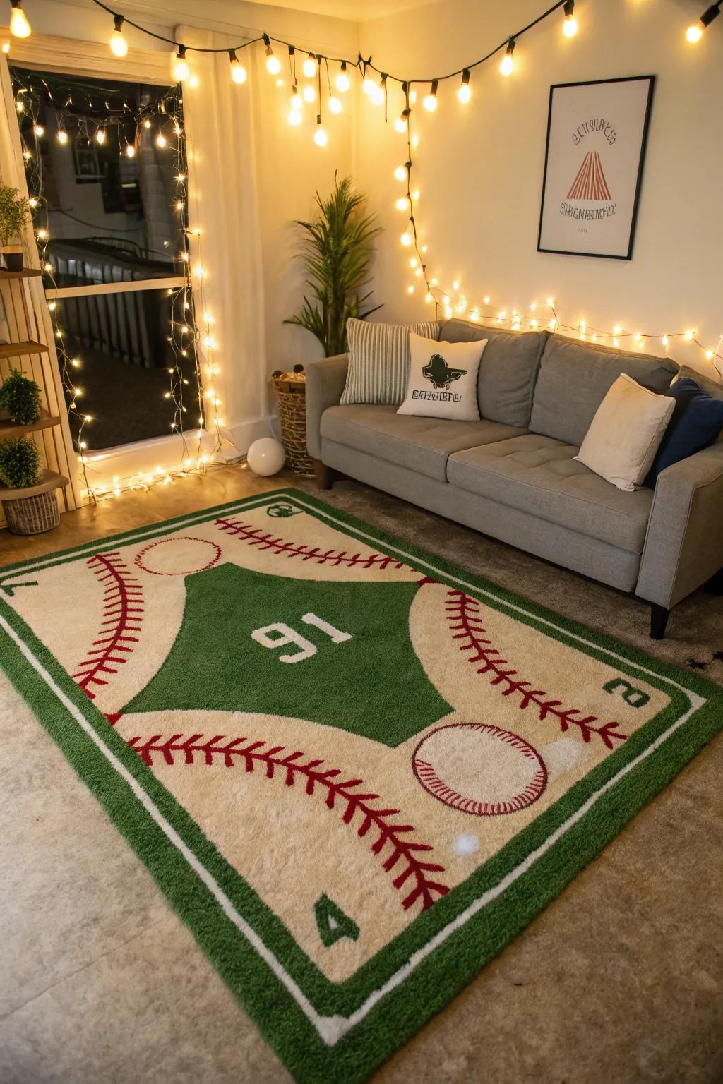 Complete the look with a baseball-themed rug that grounds the space in style.