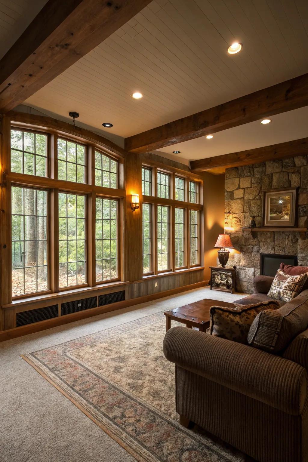 A bright basement filled with natural light from large windows.