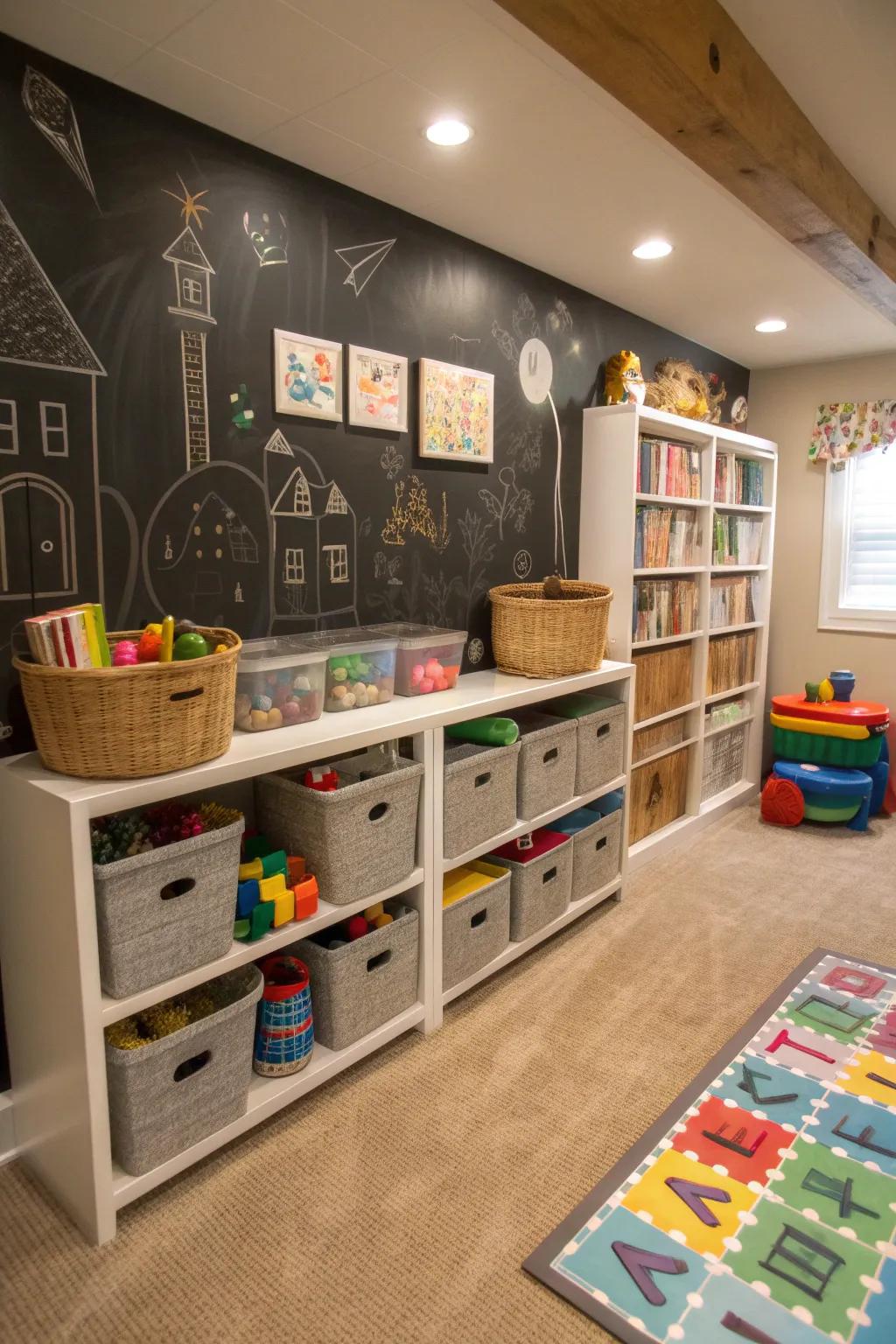 A vibrant kids' playroom in the basement with colorful decor and a chalkboard wall.