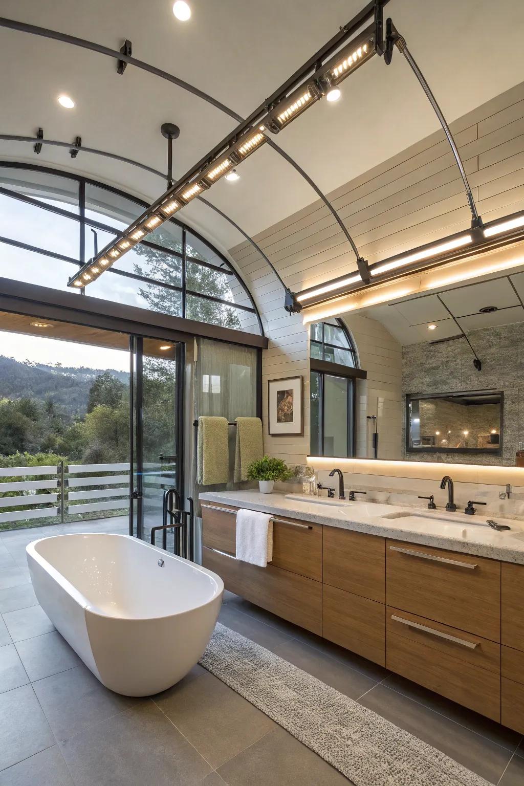 Rail lighting adapts beautifully to unusual bathroom layouts.