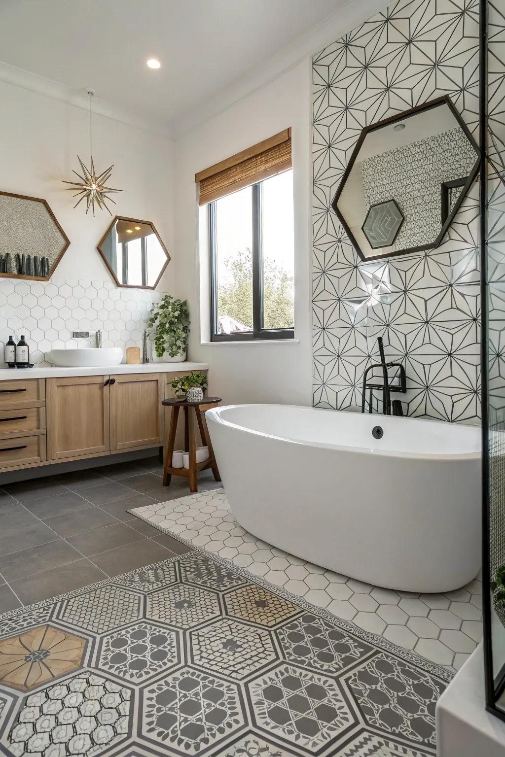 Hexagonal vinyl flooring adds a modern and stylish touch to this bathroom.