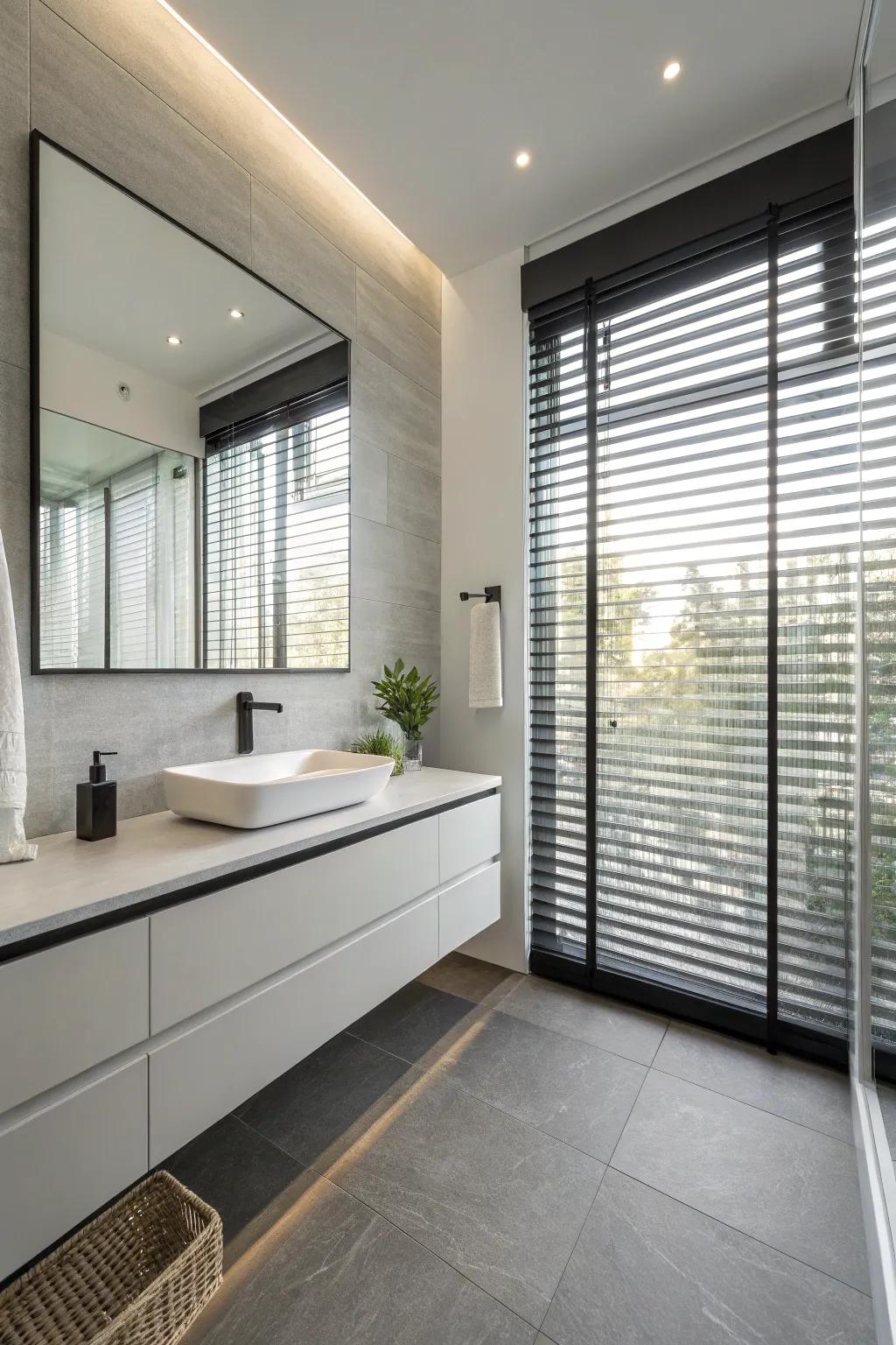 Sleek simplicity: Modern blinds enhance contemporary bathroom designs.