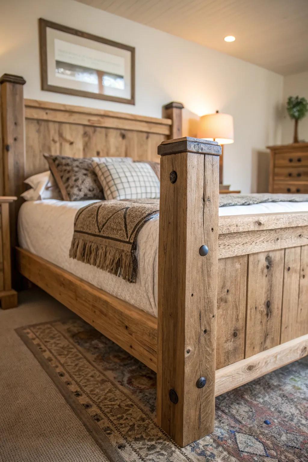 A reclaimed wood bed frame offers a cozy, farmhouse aesthetic.