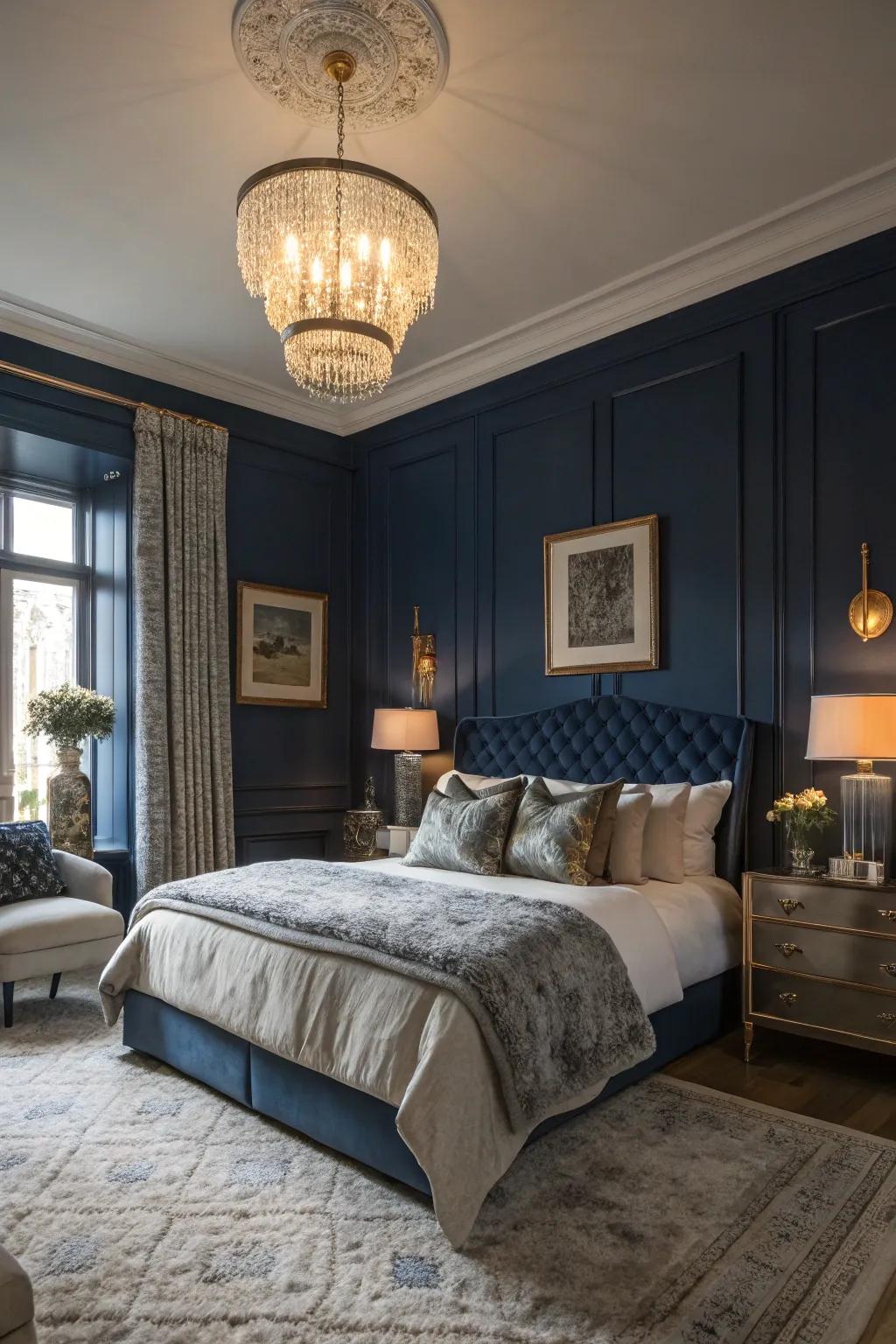 Immerse yourself in the striking grace of a sleeping quarter featuring deep sea blue walls and opulent accents.