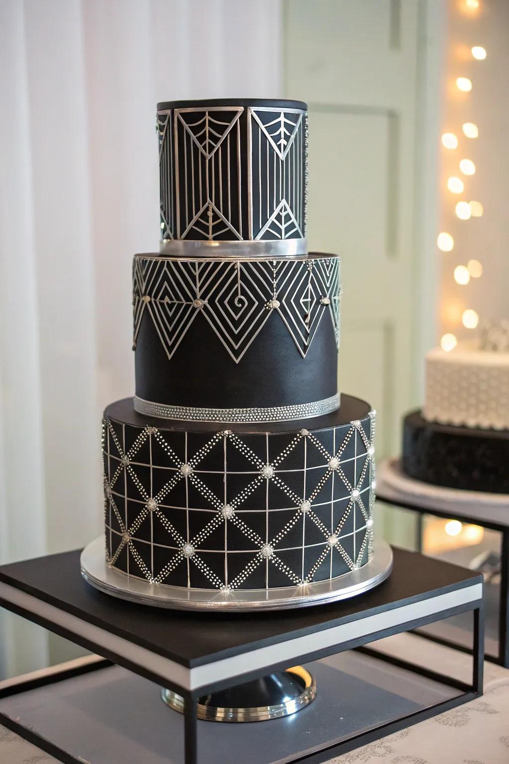 A modern black and silver wedding cake.