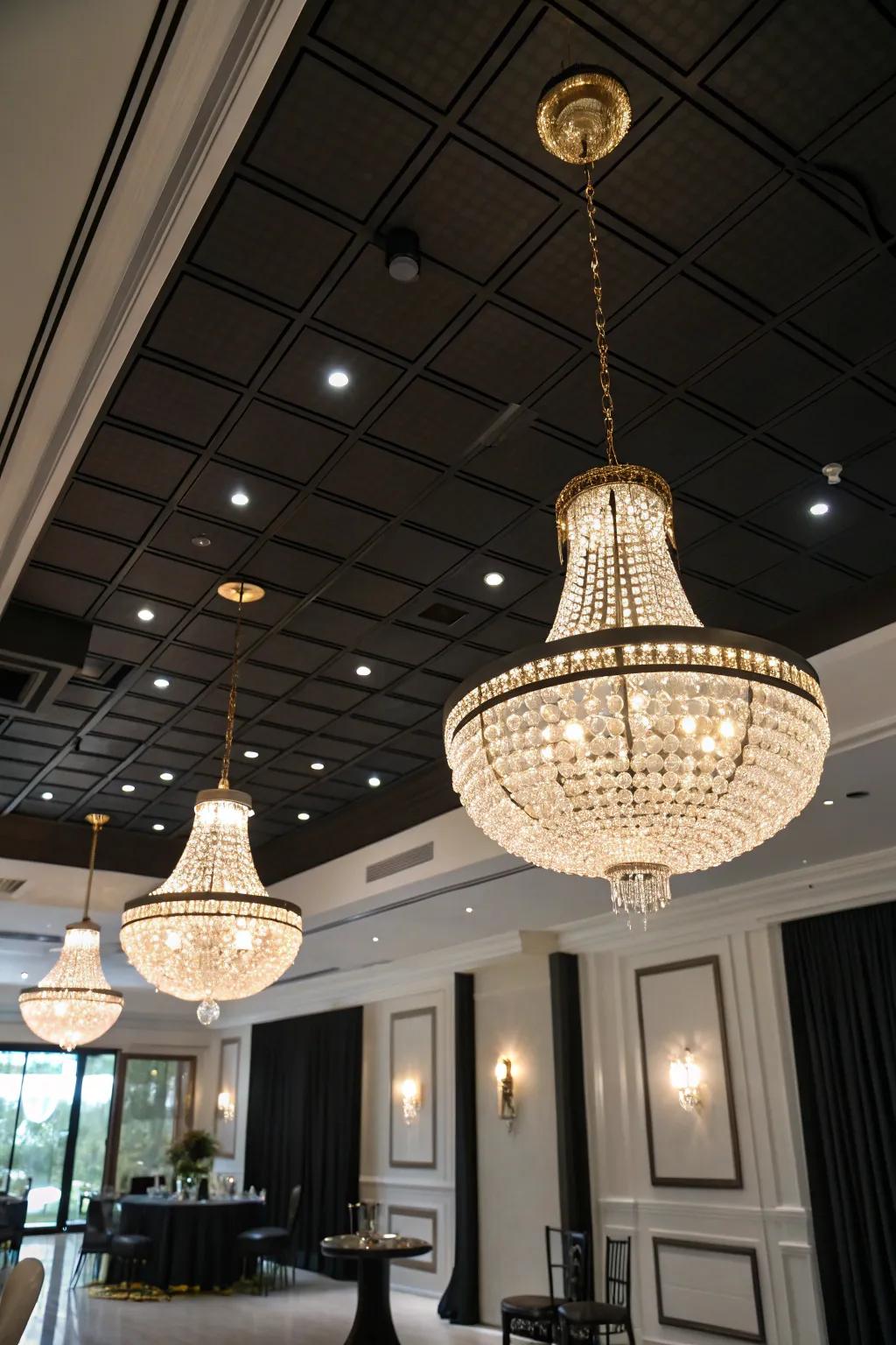 An elegant room where lighting fixtures accentuate a black ceiling.