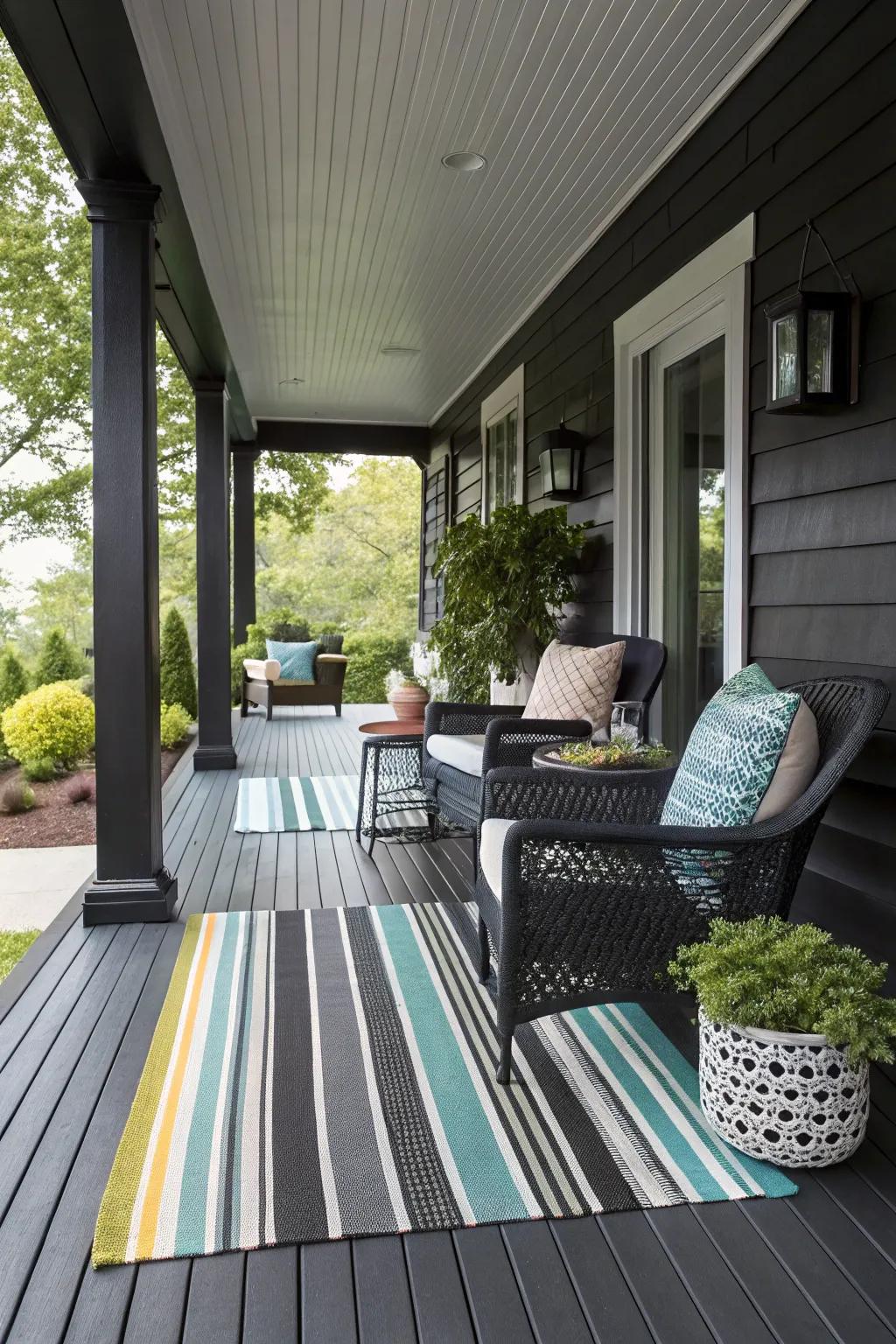 Layered striped outdoor rugs adding texture to a black porch.