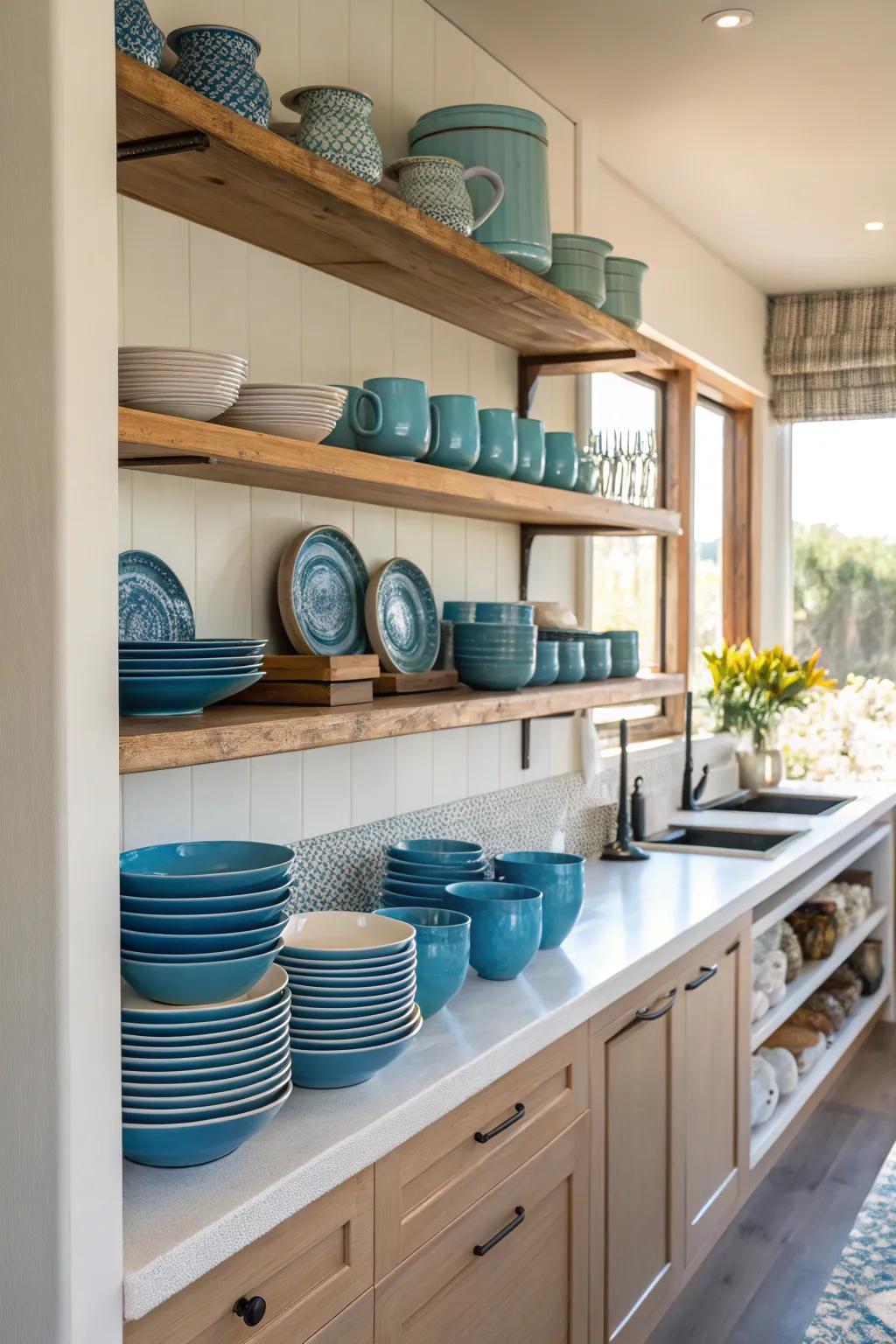 Exposed shelves featuring blue details offer an elegant presentation.