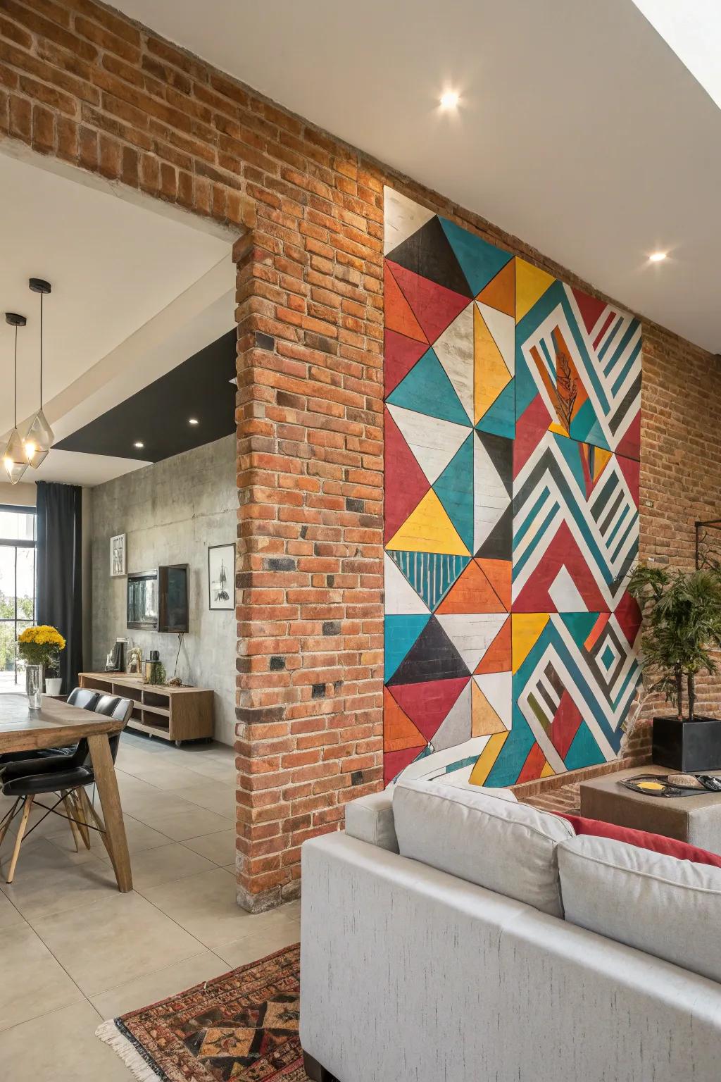 Symmetrical configurations forge a modern vibe on a brick wall.