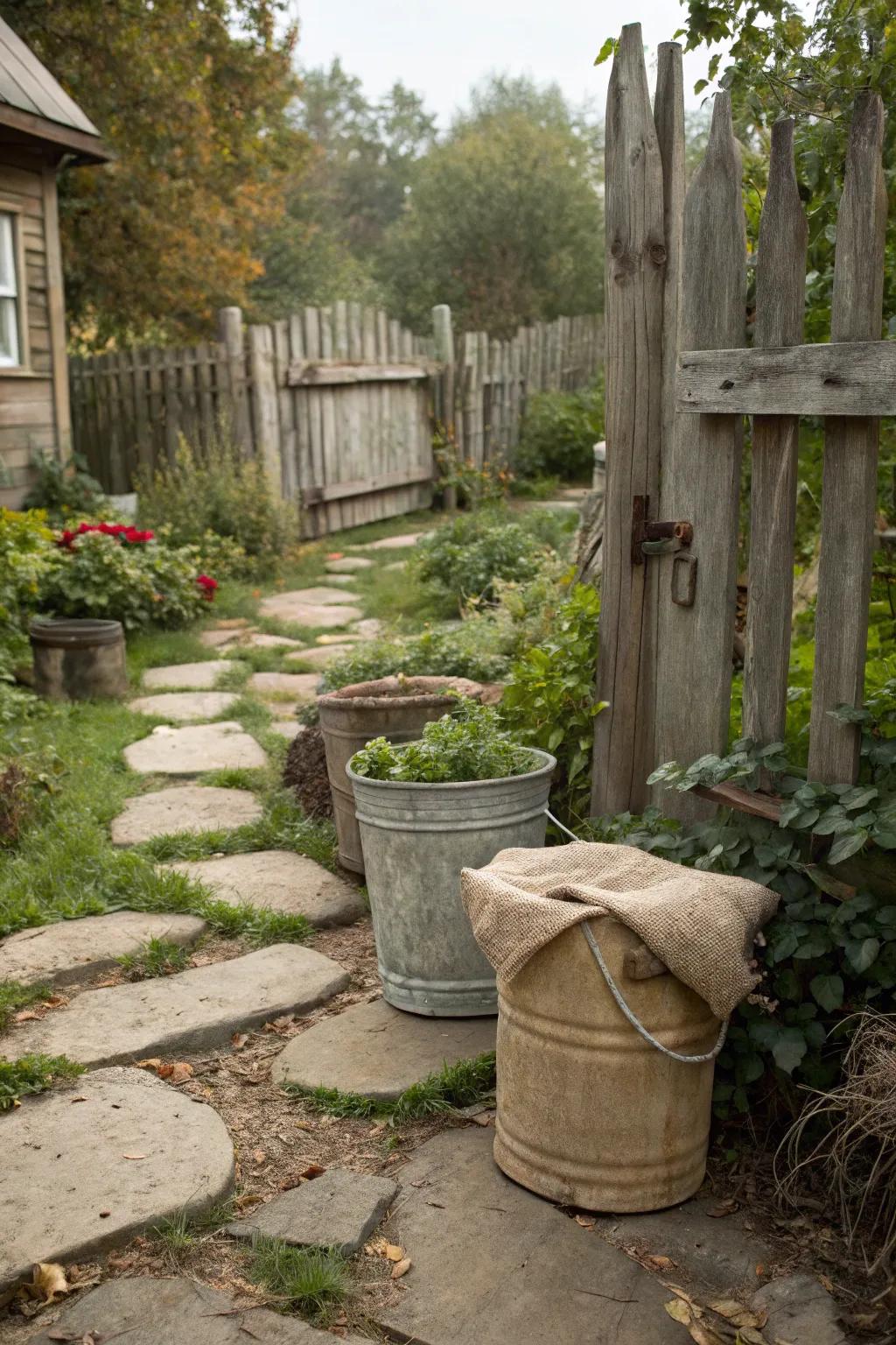 Buckets adorned with burlap covers, creating a rustic garden atmosphere.