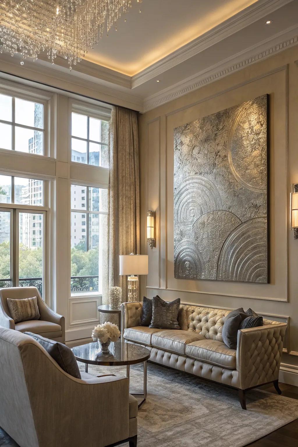 Textured and metallic art brings depth and a touch of glam.