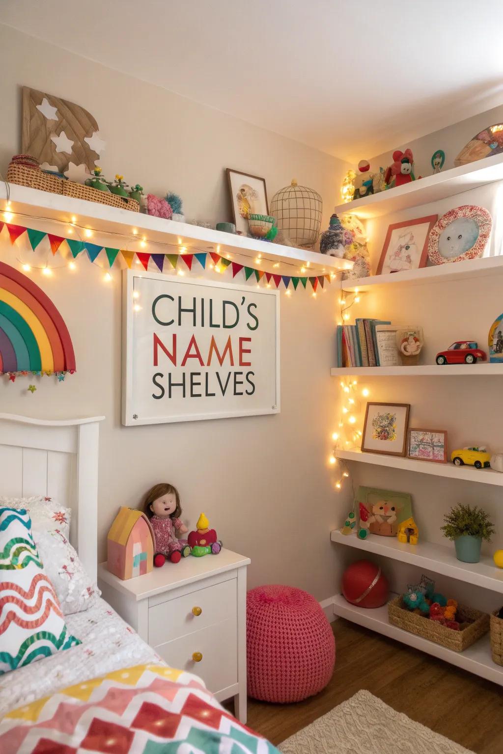 Name shelves add a personal touch.