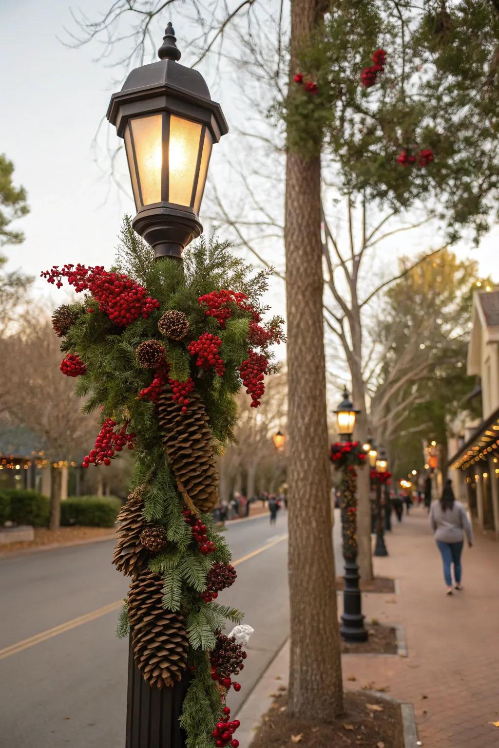 Floral picks add a festive touch to a lamp post decoration.