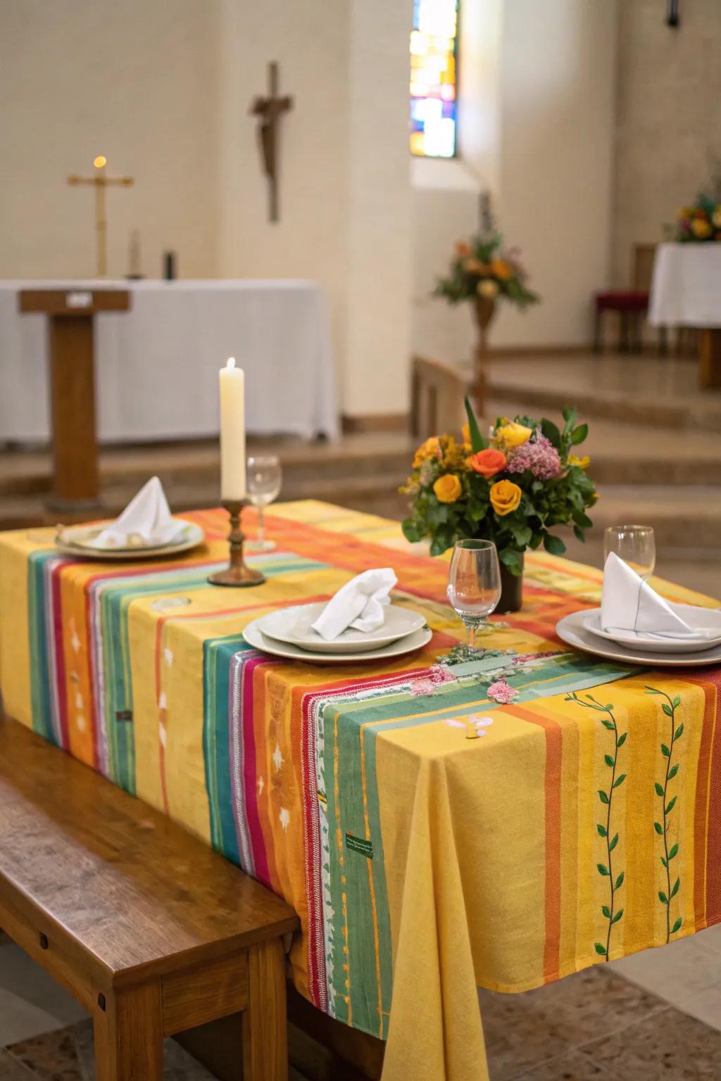 Lively textiles possess the capability to brighten up any church table setting.