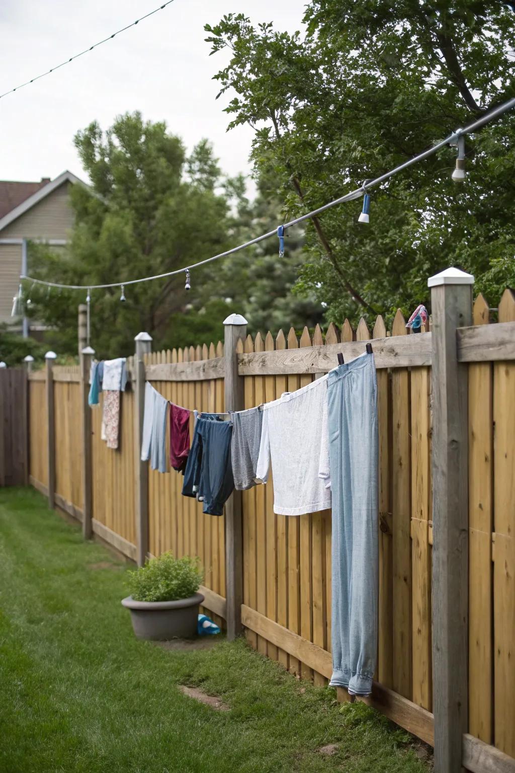 Maximize space by using your fence as a mounting point for a clothesline.