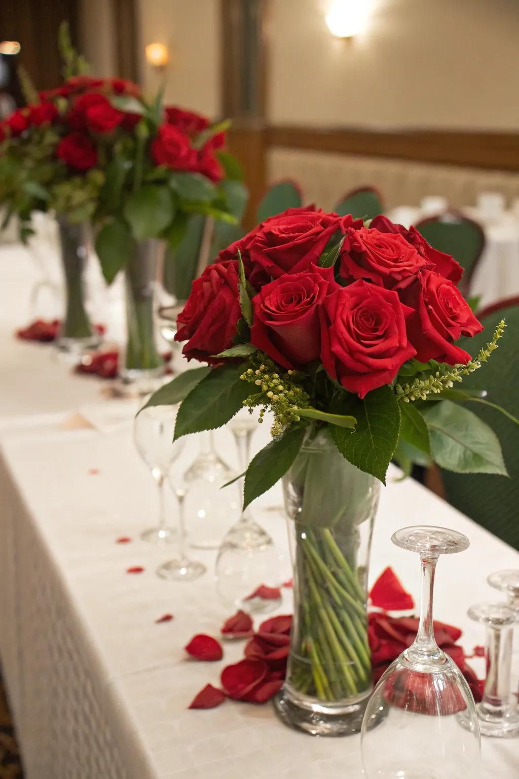 Rosy bloom arrangements adding sophistication and a pleasant aroma to the atmosphere.