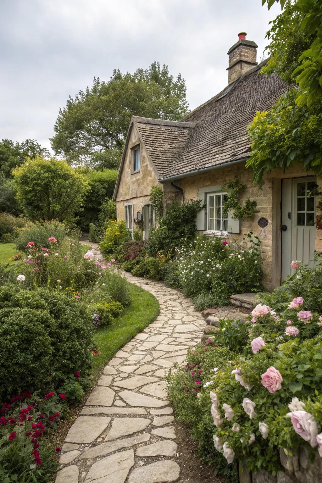 Stone trails guide visitors through a captivating garden to the cottage.