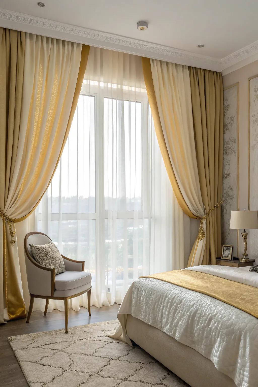 Rich drapes introduce warmth and sophistication to the bedroom.