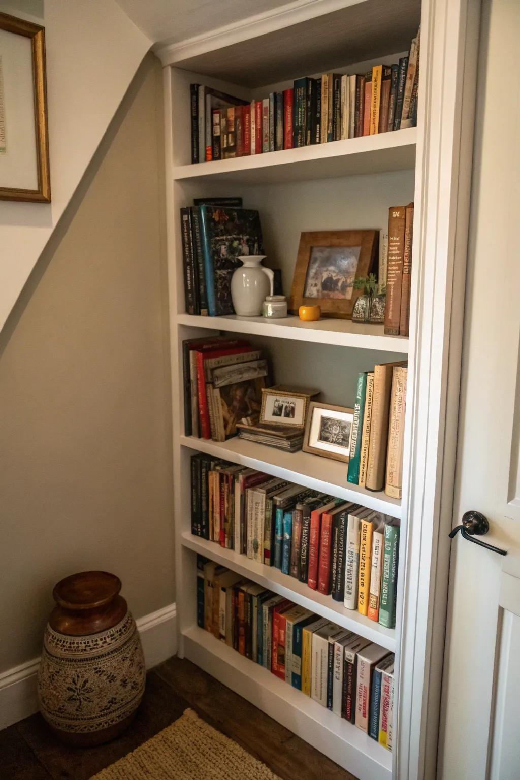 Slim shelves are a great way to get the most out of tight spots for book storage.