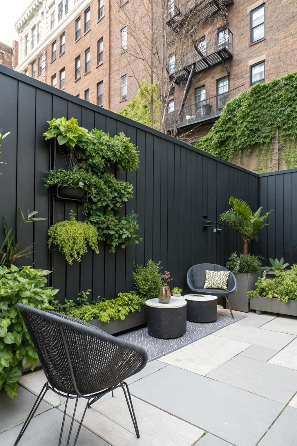 An urban oasis featuring a dark grey fence and a lush vertical garden.