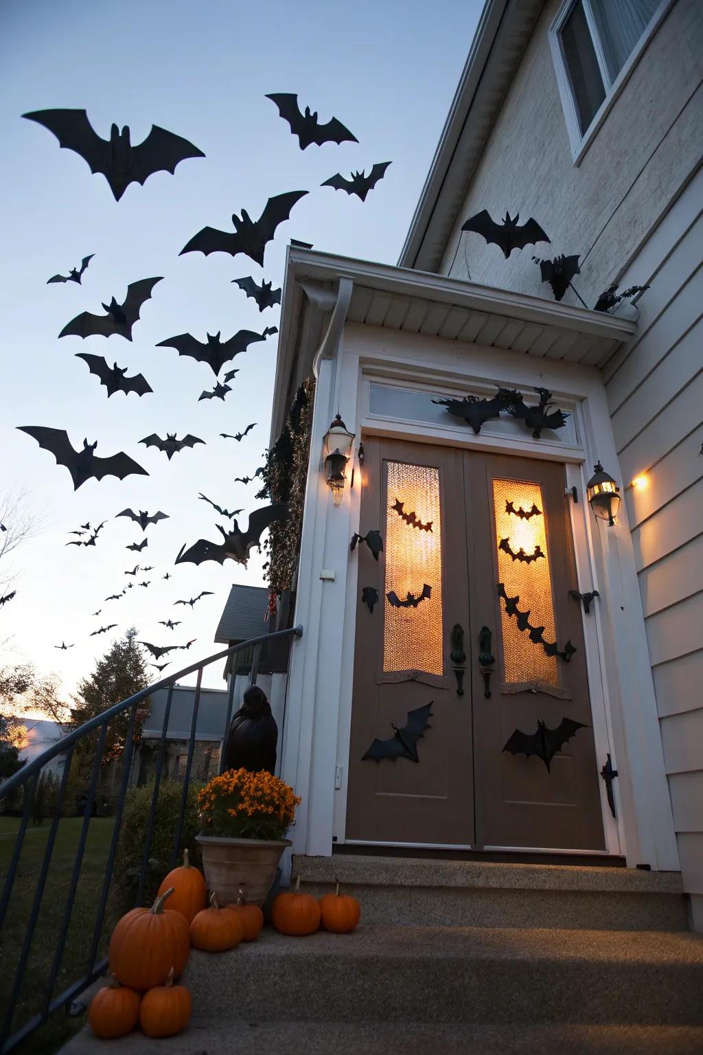 A swarm of bats brings Halloween to life on this door.