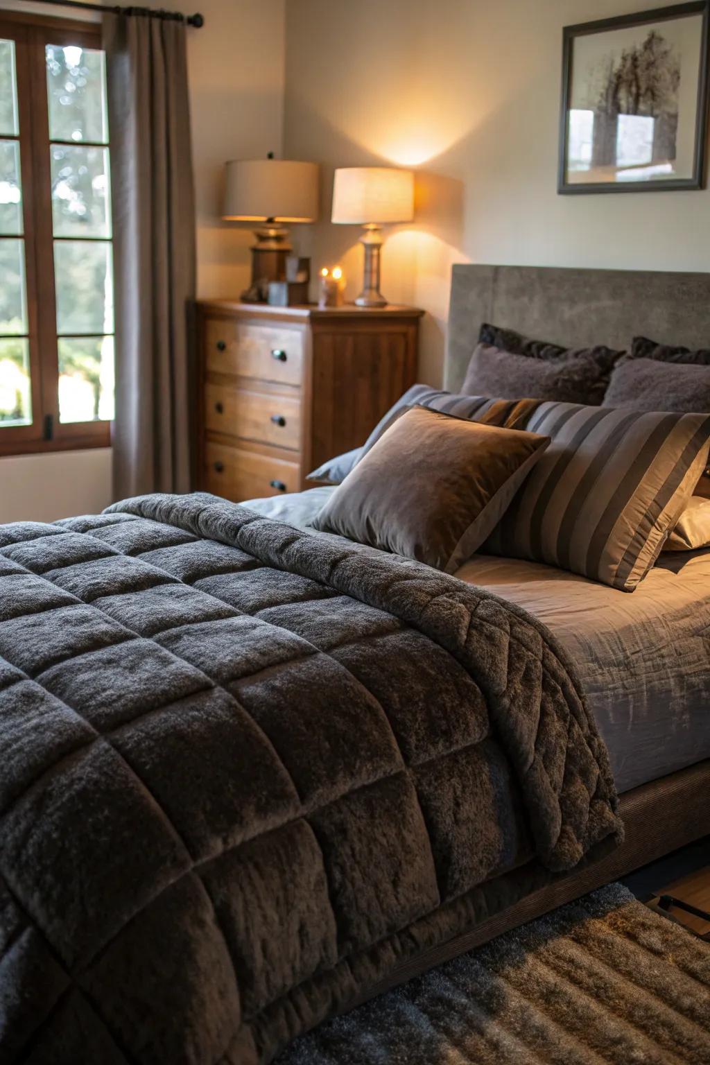 Plush bedding in rich colors invites warmth and comfort.