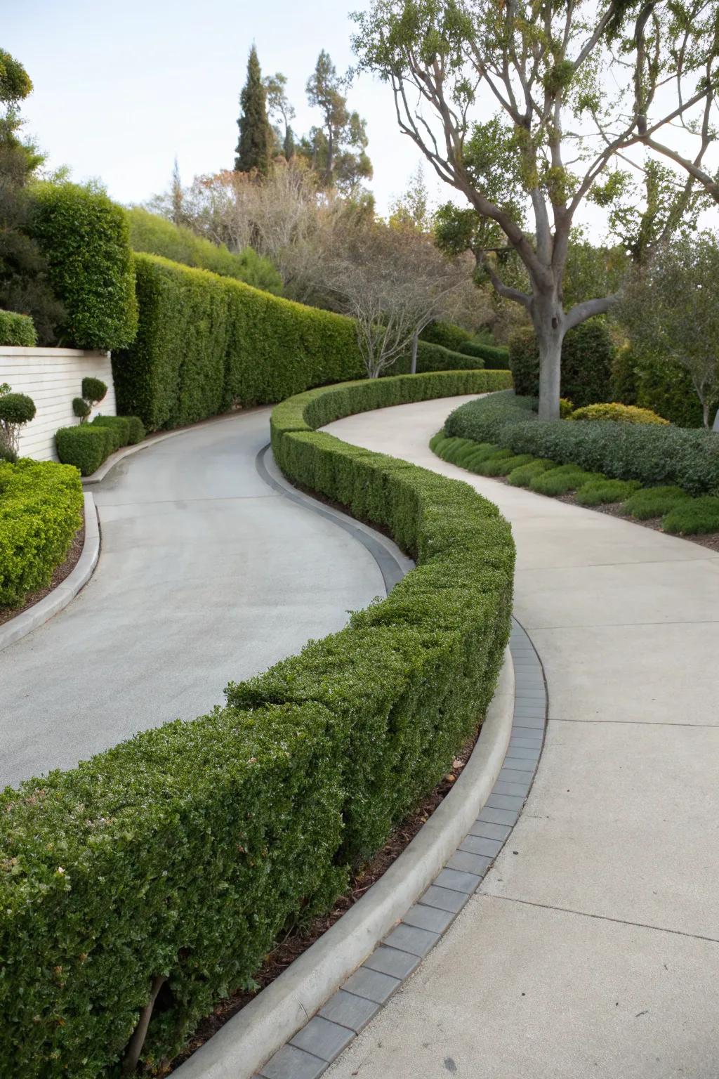 Curved hedges creating a playful and unique driveway path.