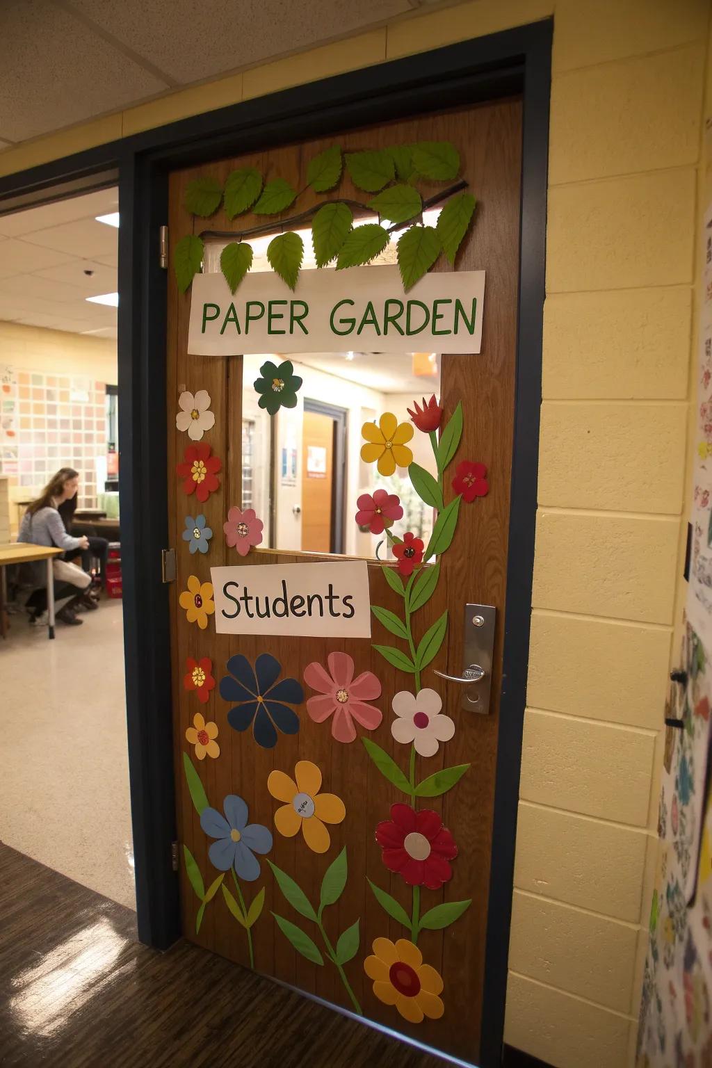 An interactive garden on a classroom door where each student adds their own blossom, creating a sense of community.