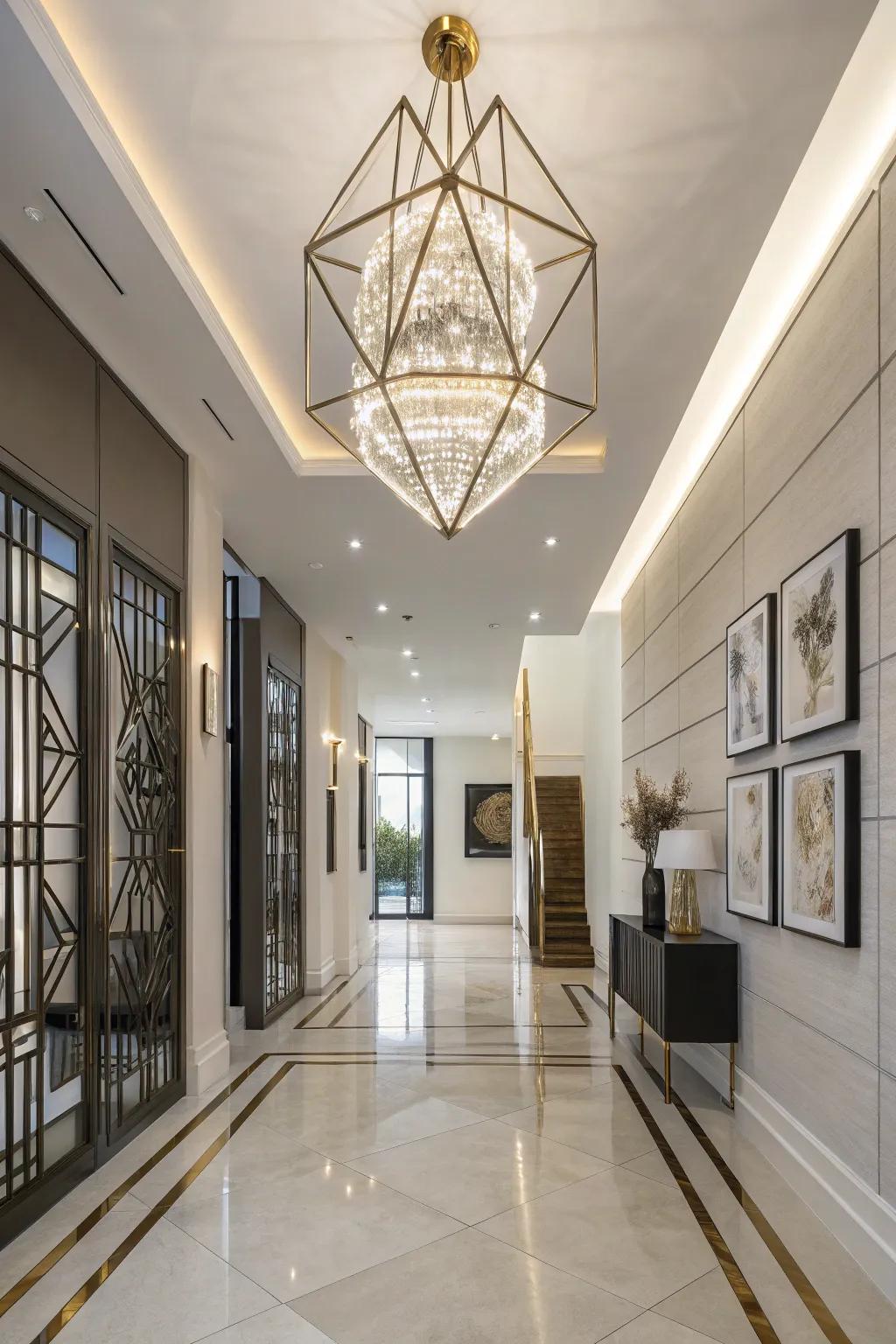 Geometric lighting adds a modern flair to this space.