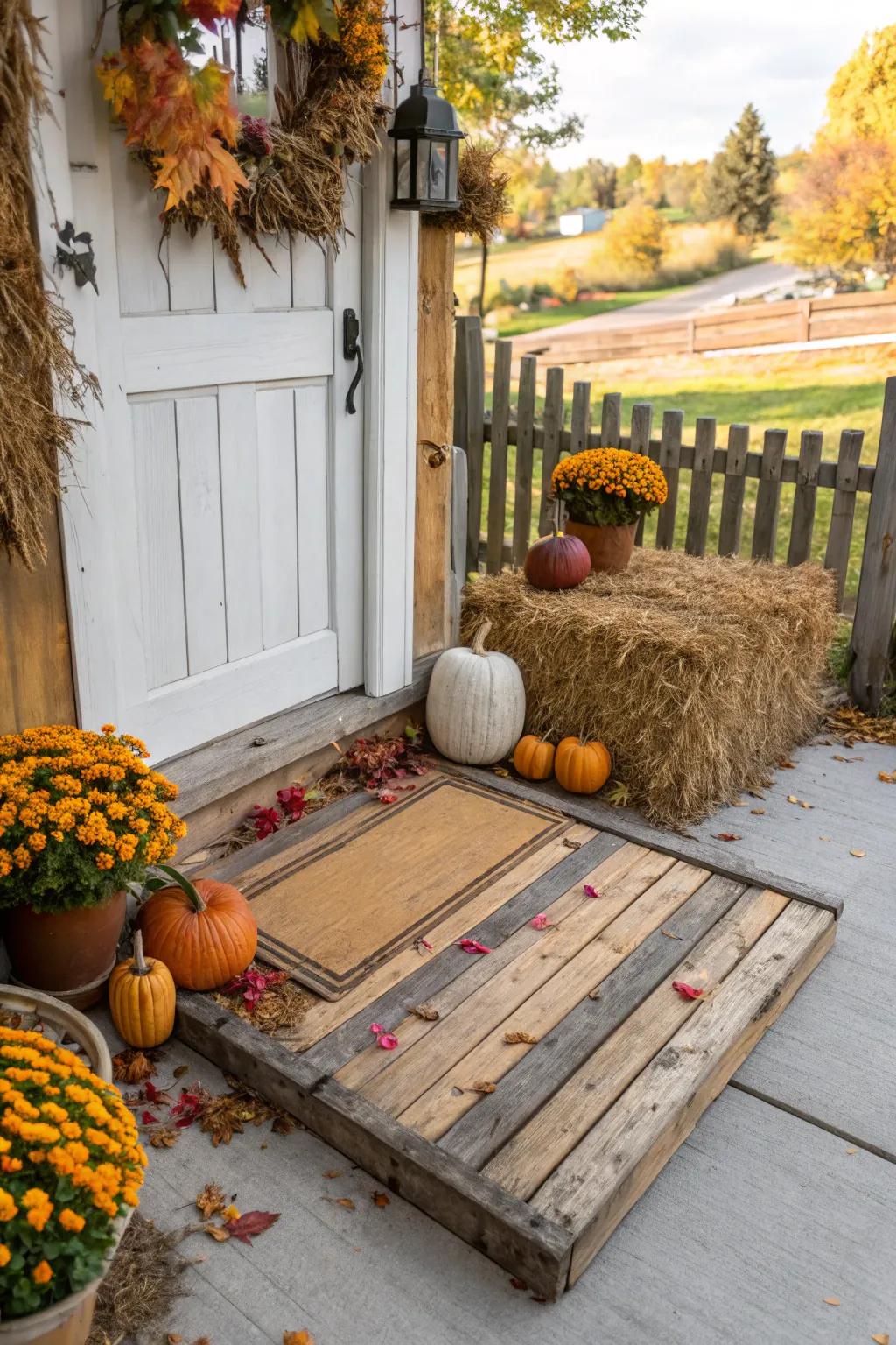 Rustic wooden doormat adding farmhouse charm.