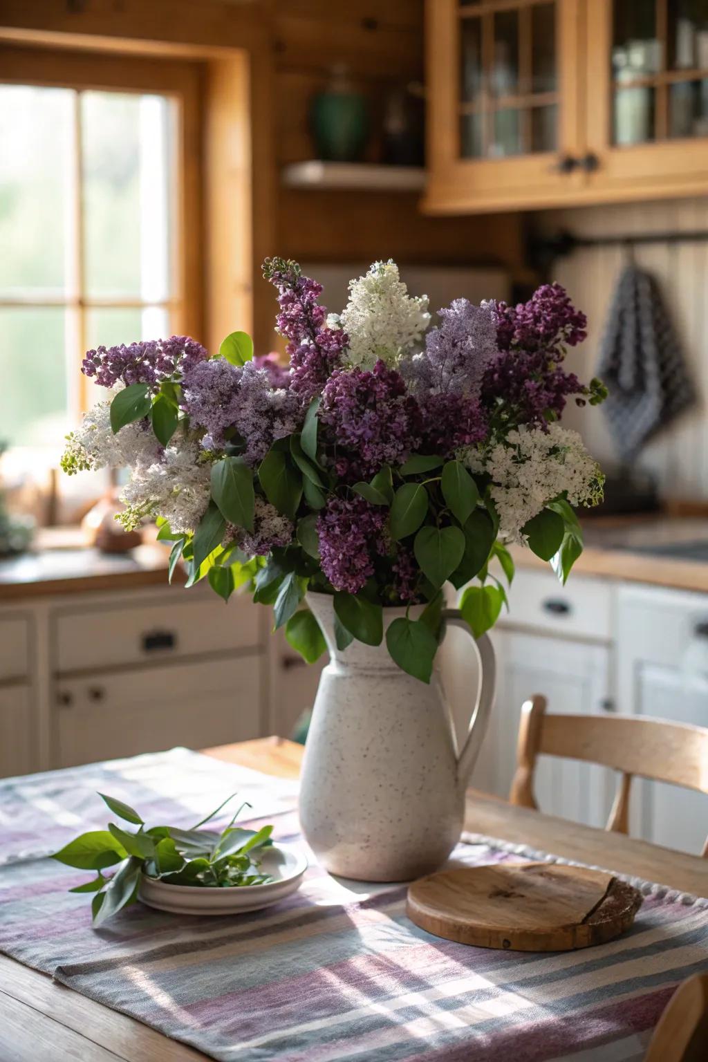 A fragrant lilac and eucalyptus centerpiece.