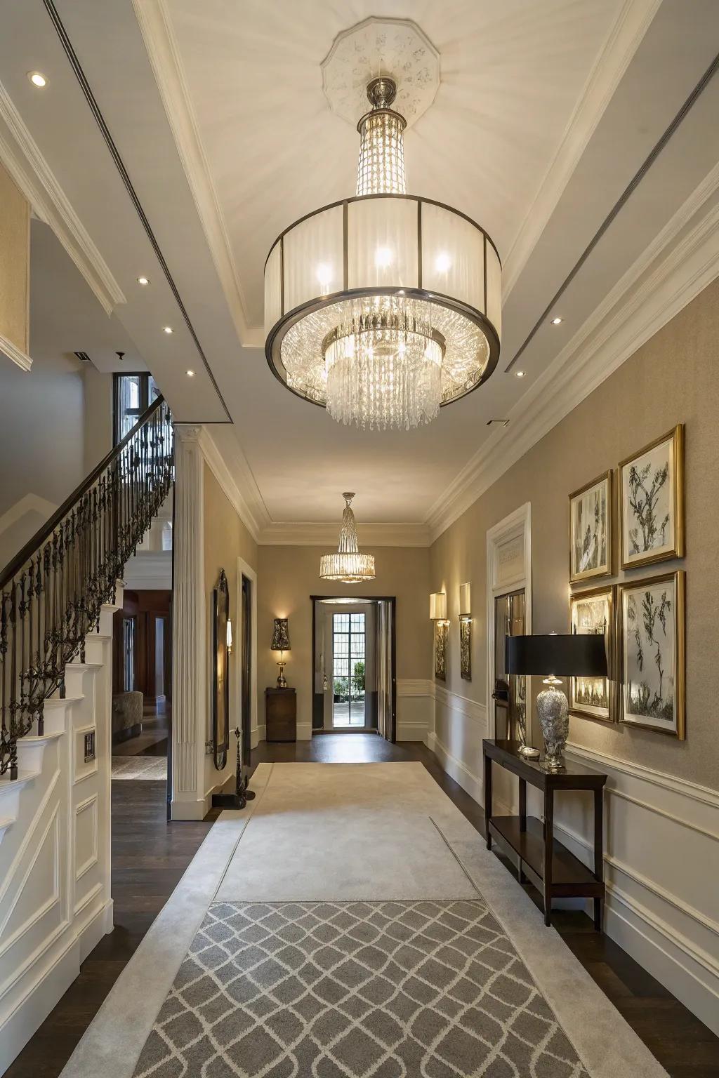 A stunning chandelier becomes the focal point of the entryway.
