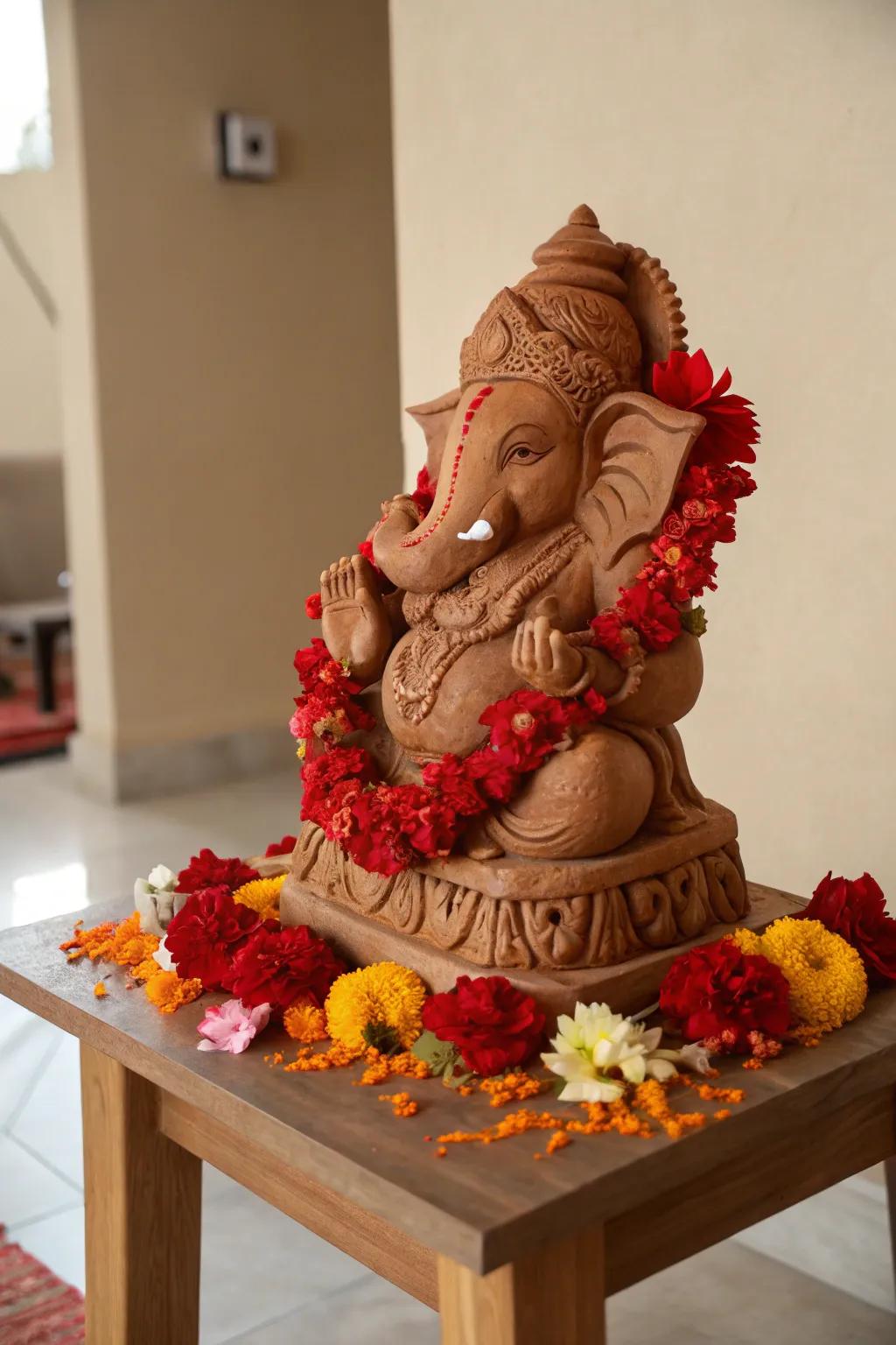 A beautifully handcrafted clay Ganesha idol, adding a personal touch to the celebrations.