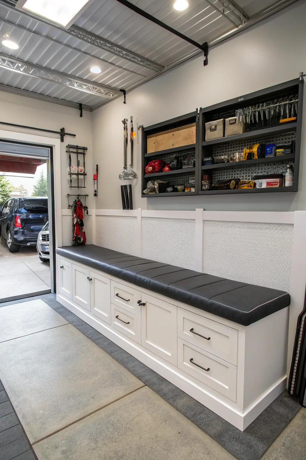 Built-in bench seating offers a space-saving solution with added storage.