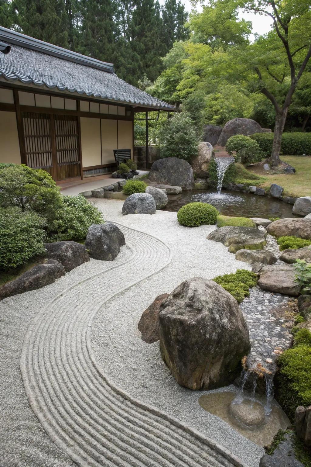 A tranquil Zen garden with rocks and calming water features.