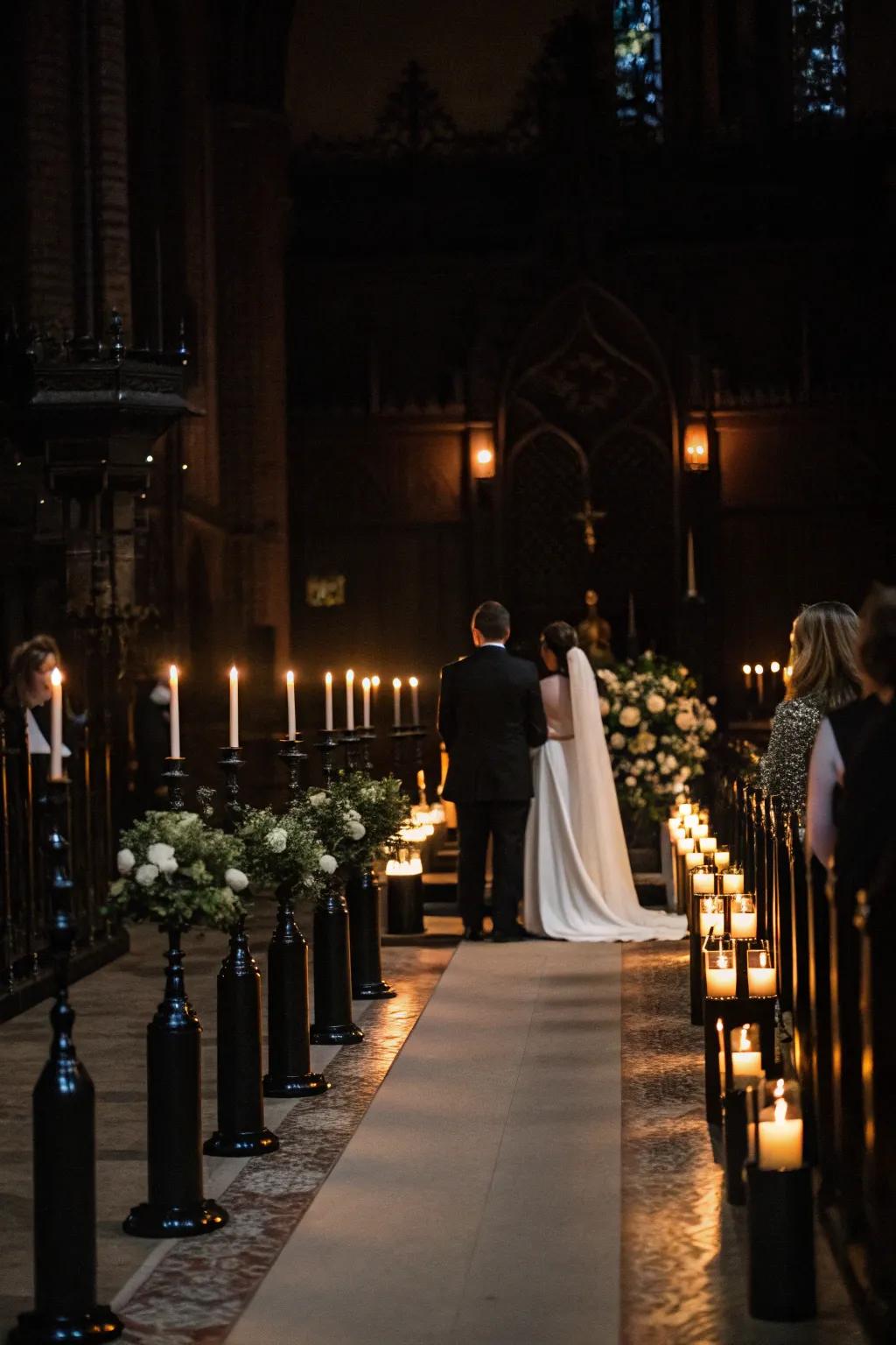 A candlelit gothic wedding ceremony with black taper candles.