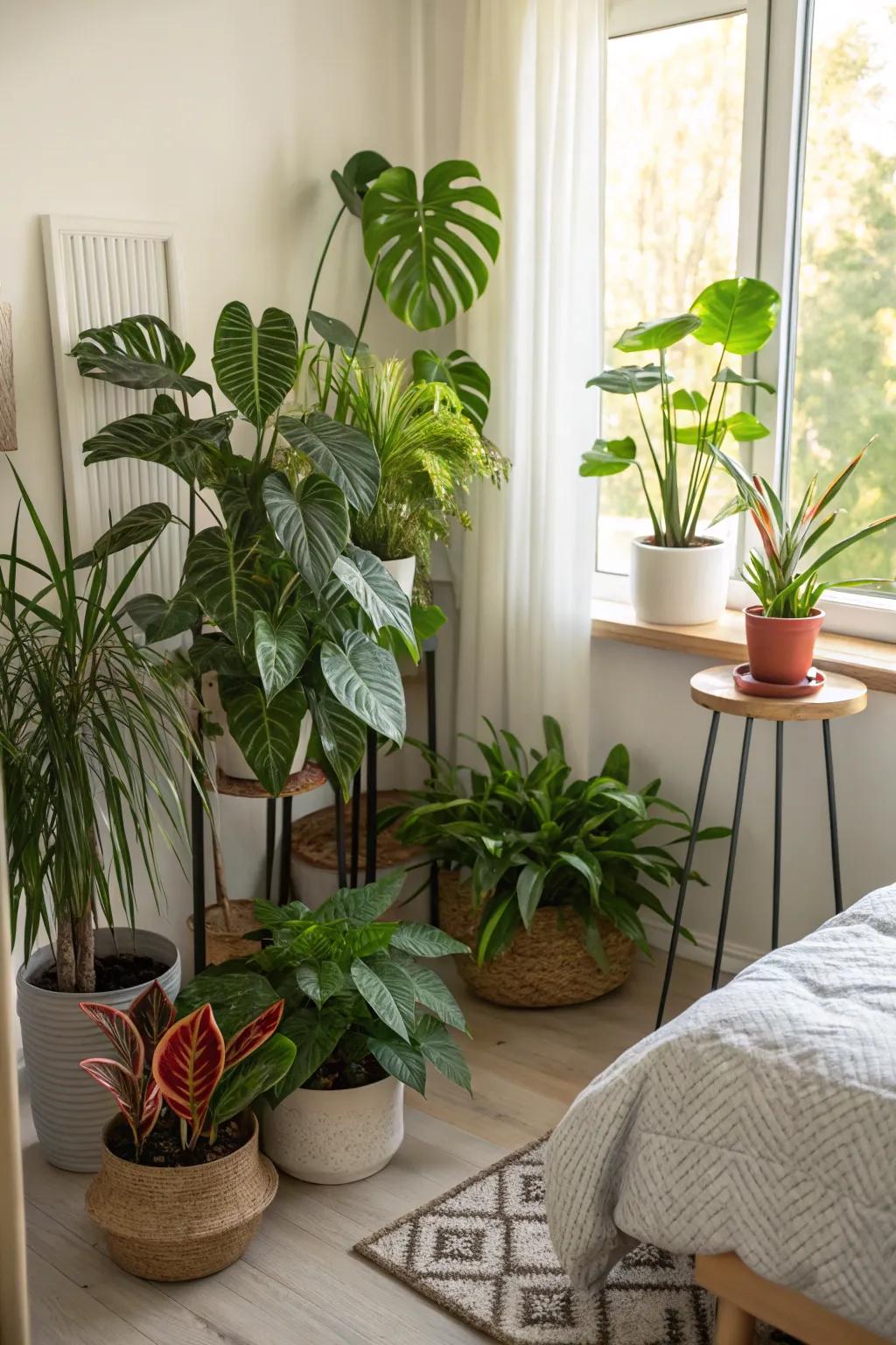 Indoor plants breathe natural freshness and vibrancy into this green-themed bedroom.