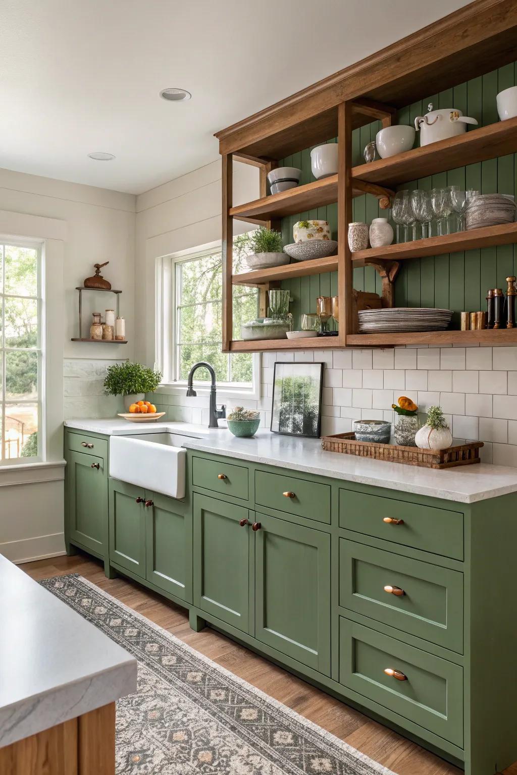 Open shelving in a green kitchen showcasing decorative items.