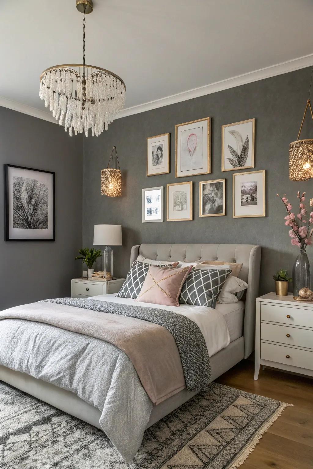 Art pieces breathe vitality into this grey feature wall.