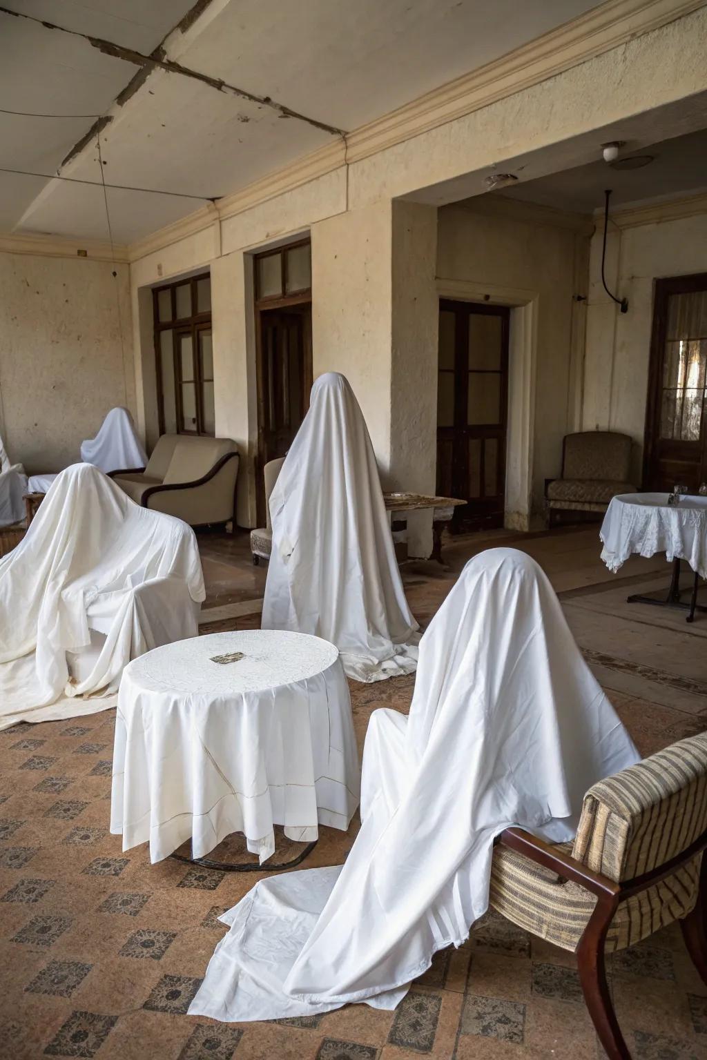 Add an eerie presence with simple yet effective ghostly drapes.