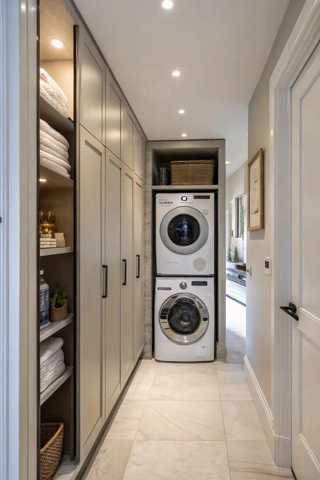 Built-in cabinets provide a neat and organized look to a hallway laundry space.