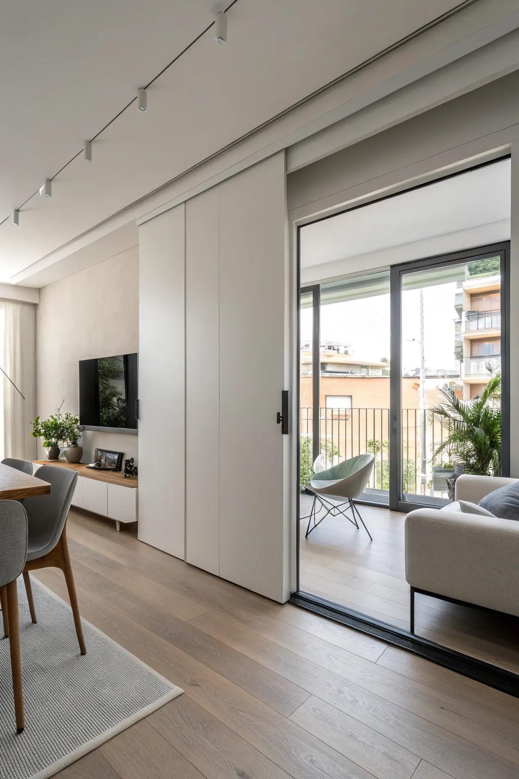 A modern apartment with a hidden sliding door.