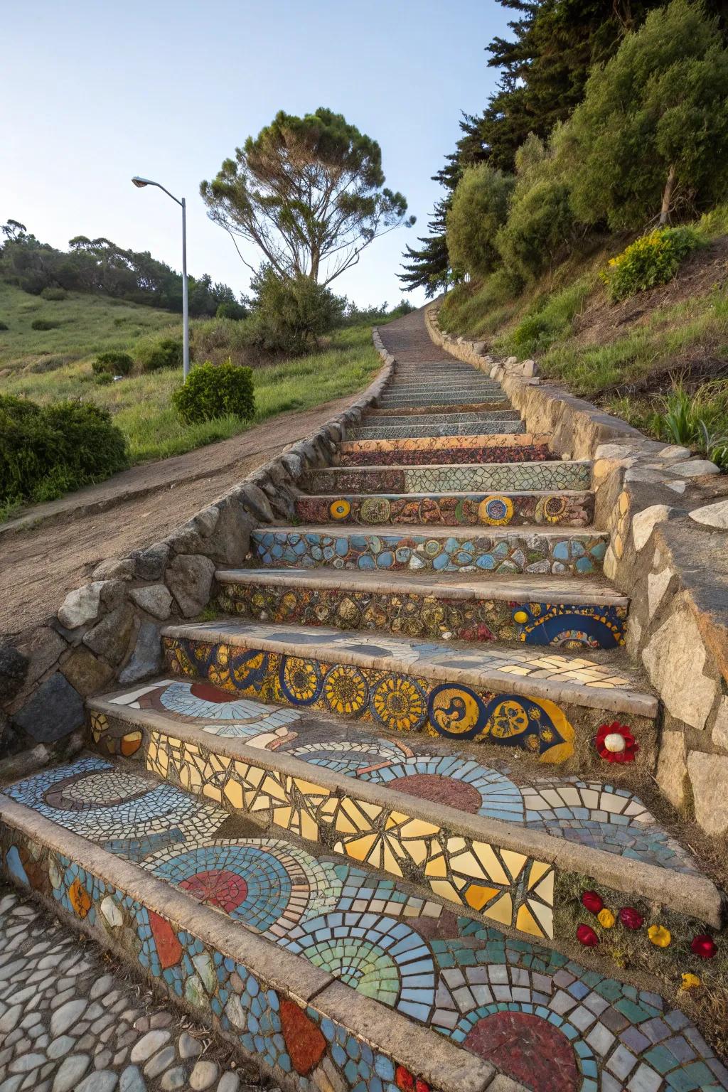 Mosaic steps bring vibrant artistry to garden slopes.