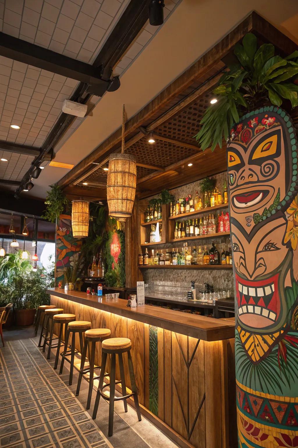 Tiki masks and art bring cultural flair to your bar.