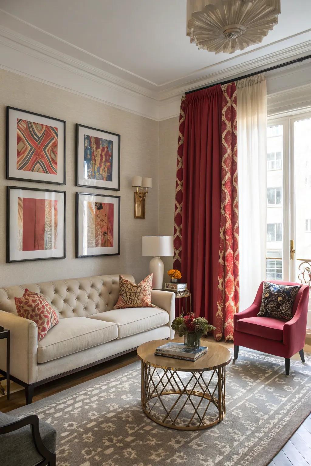 Contrasting curtains can make a bold statement in your living room.