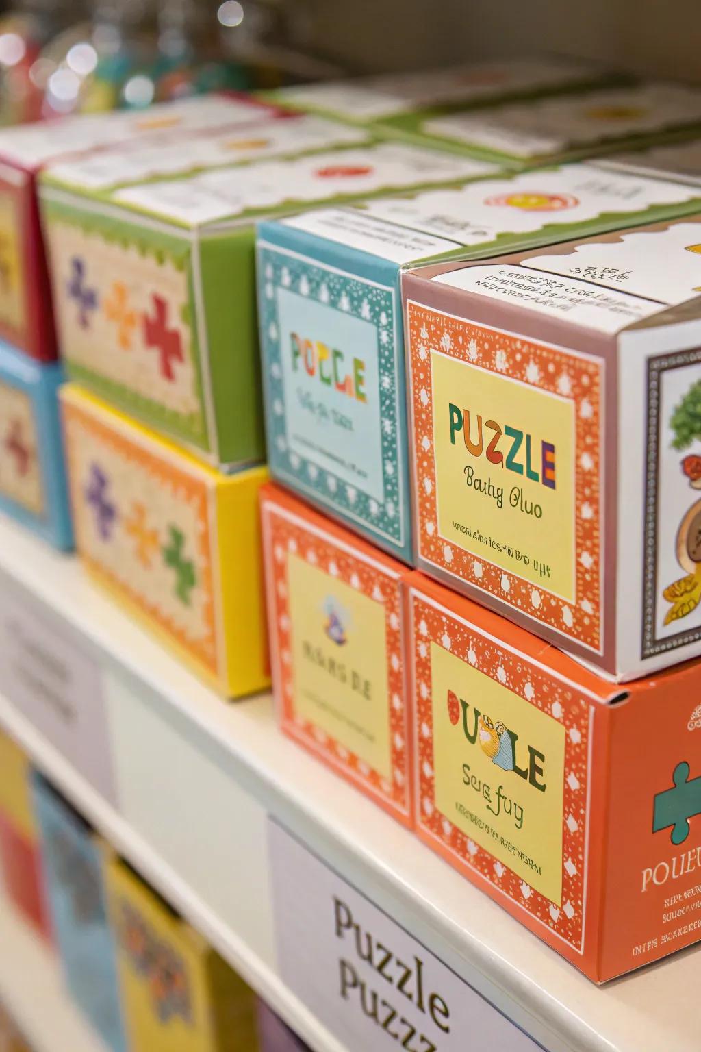Puzzle boxes all labeled and ready to go.